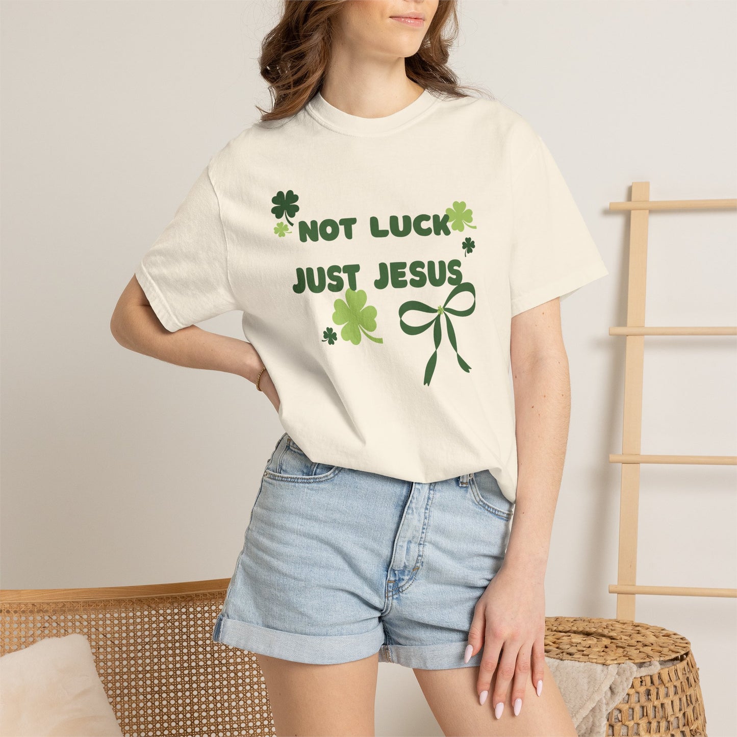 Not Luck Just Jesus T-Shirt — Christian St. Patrick's Day Tee with Shamrock Bow