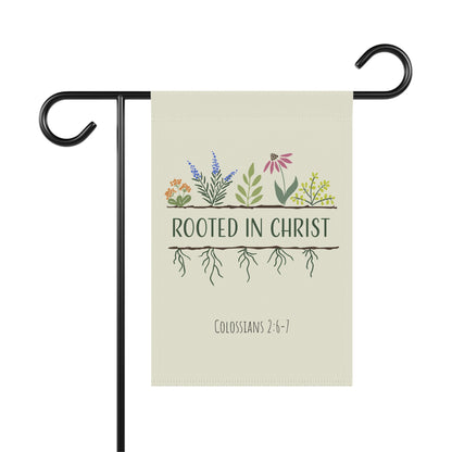 Rooted in Christ Garden Flag — Christian Outdoor Banner (Colossians 2:6-7)