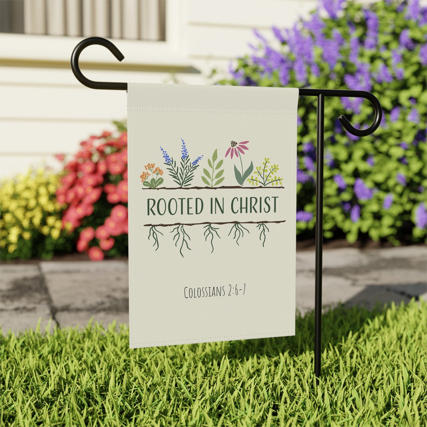 Rooted in Christ Garden Flag — Christian Outdoor Banner (Colossians 2:6-7)