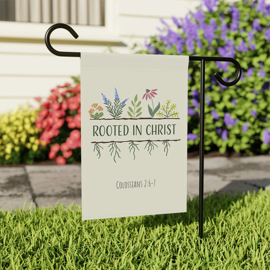 Rooted in Christ Garden Flag — Christian Outdoor Banner (Colossians 2:6-7)