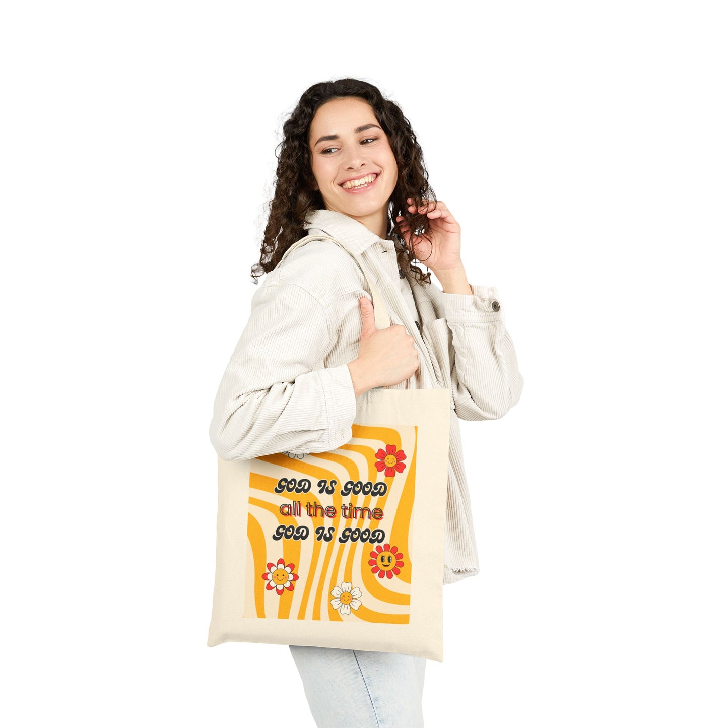 Canvas Tote Bag — Retro Sunflower "Good Is Good All the Time" Grocery & Beach Tote