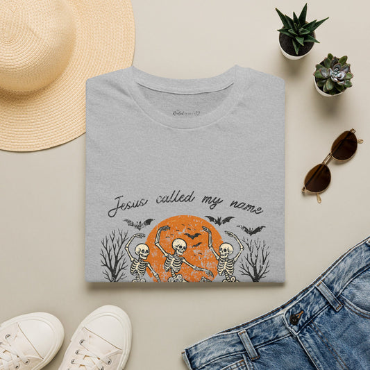Jesus Called My Name Halloween T-Shirt — Faith & Spooky Skeleton Graphic Tee