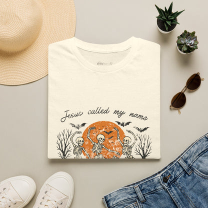 Jesus Called My Name Halloween T-Shirt — Faith & Spooky Skeleton Graphic Tee