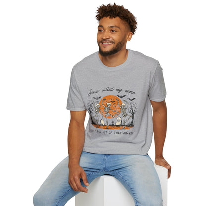Jesus Called My Name Halloween T-Shirt — Faith & Spooky Skeleton Graphic Tee