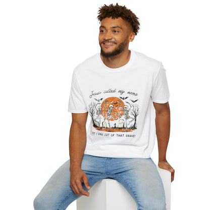 Jesus Called My Name Halloween T-Shirt — Faith & Spooky Skeleton Graphic Tee