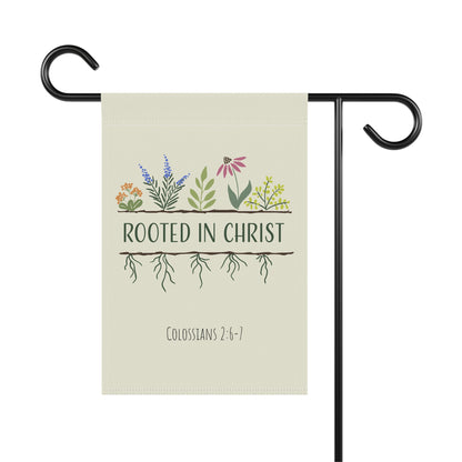 Rooted in Christ Garden Flag — Christian Outdoor Banner (Colossians 2:6-7)