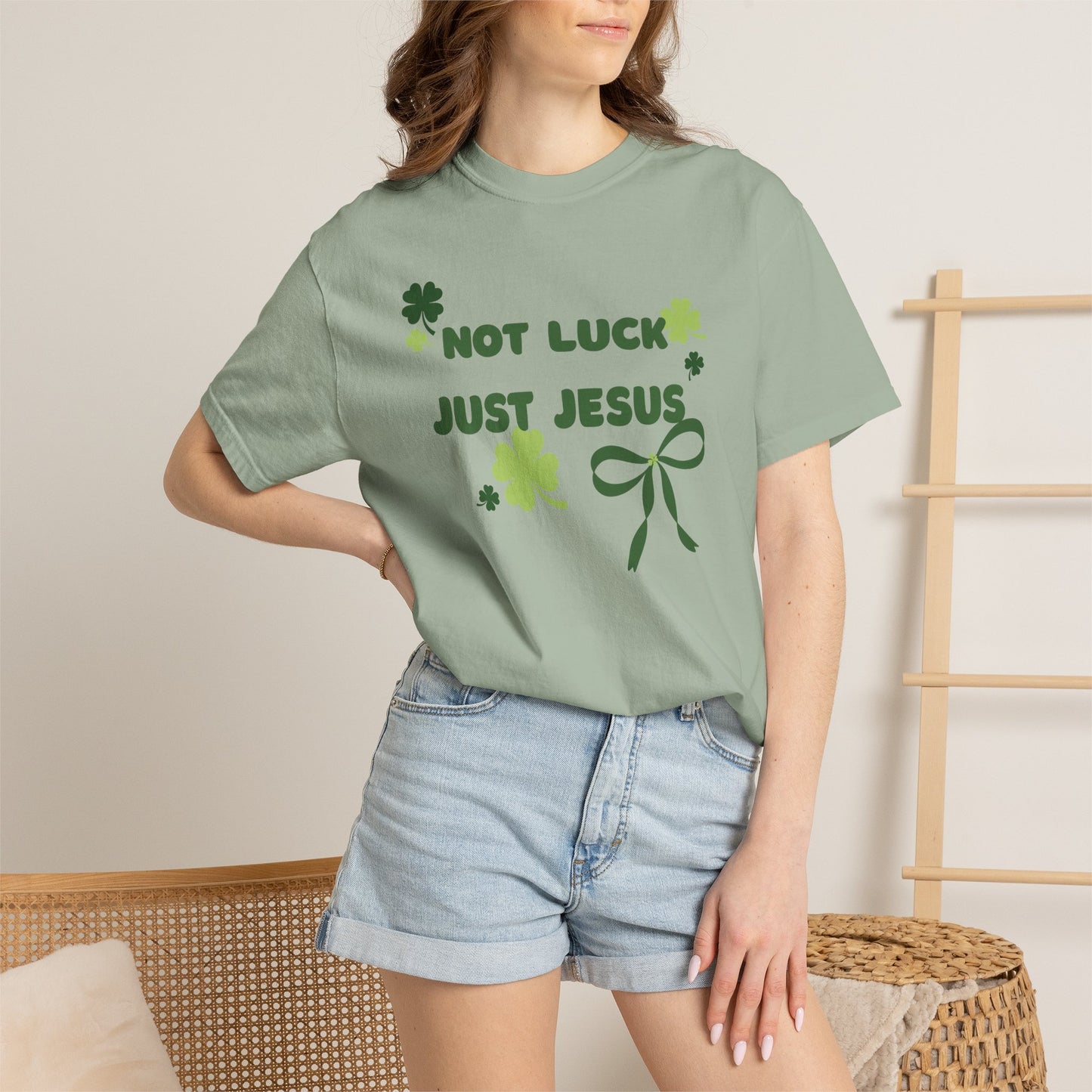 Not Luck Just Jesus T-Shirt — Christian St. Patrick's Day Tee with Shamrock Bow