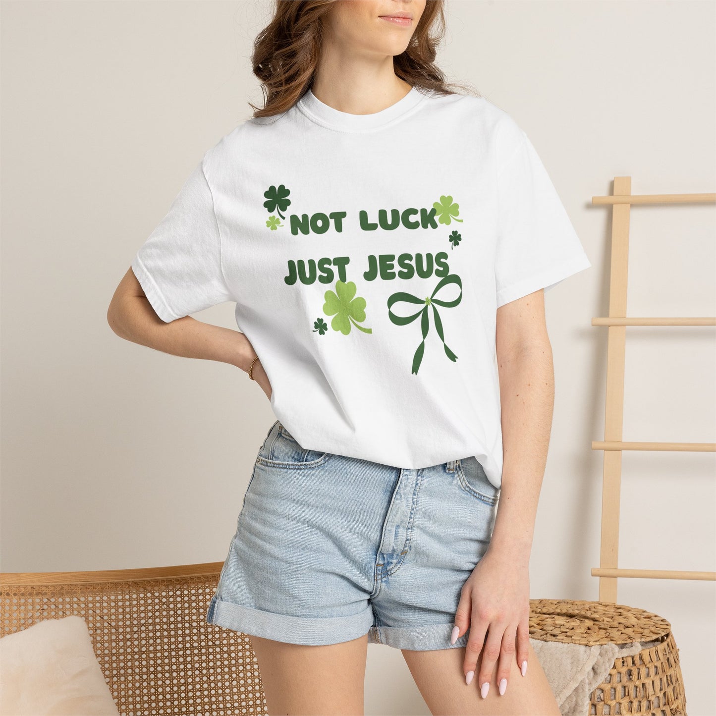 Not Luck Just Jesus T-Shirt — Christian St. Patrick's Day Tee with Shamrock Bow