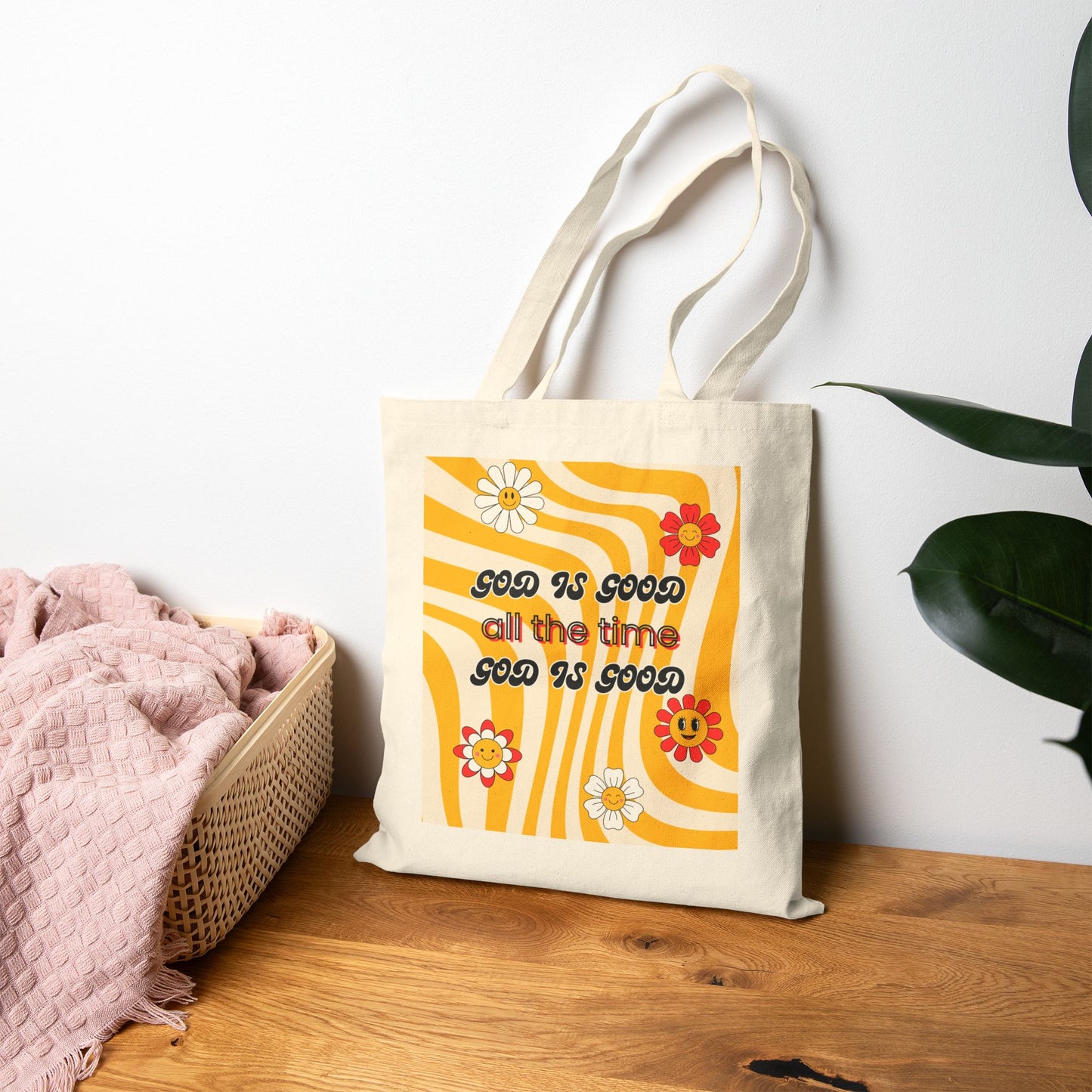 Canvas Tote Bag — Retro Sunflower "Good Is Good All the Time" Grocery & Beach Tote
