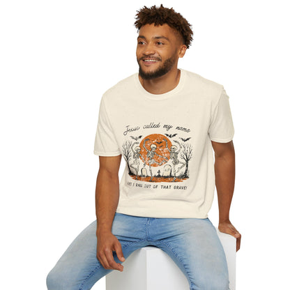 Jesus Called My Name Halloween T-Shirt — Faith & Spooky Skeleton Graphic Tee